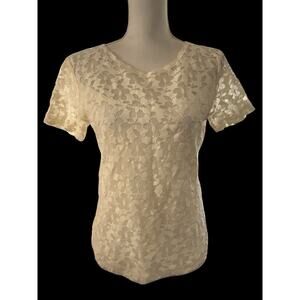 LIA Women's Ivory Lace Nylon Top T Shirt Pullover Lined Stretch USA L
